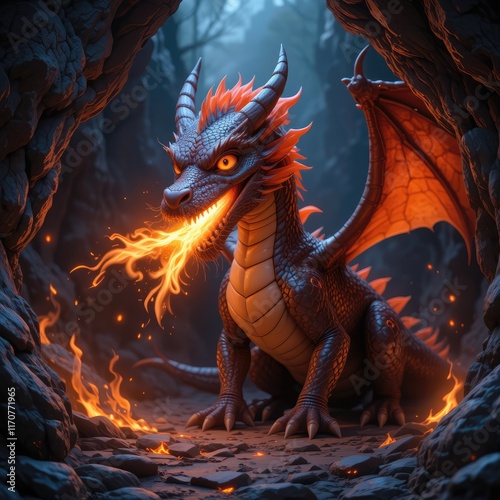 Cute baby dragon breathing fire photo