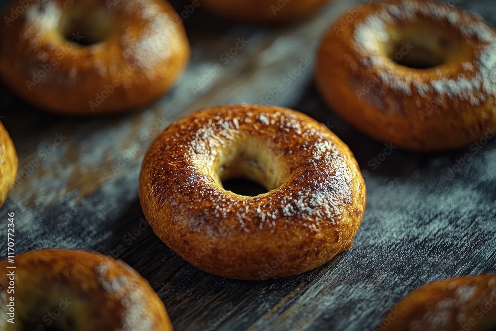 Freshly baked bagels arranged on a rustic wooden surface, showcasing their golden-brown crust. Freshly baked bagels arranged on a rustic wooden surface, showcasing their golden-brown crust.
