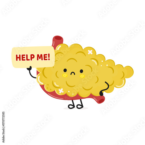 Cute sad sick Pancreas asks for help character. Vector hand drawn cartoon kawaii character illustration icon. Isolated white background. Suffering unhealthy Pancreas concept