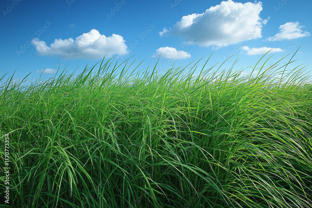 Lush green grass swaying under blue sky with fluffy white clouds. Lush green grass swaying under blue sky with fluffy white clouds.