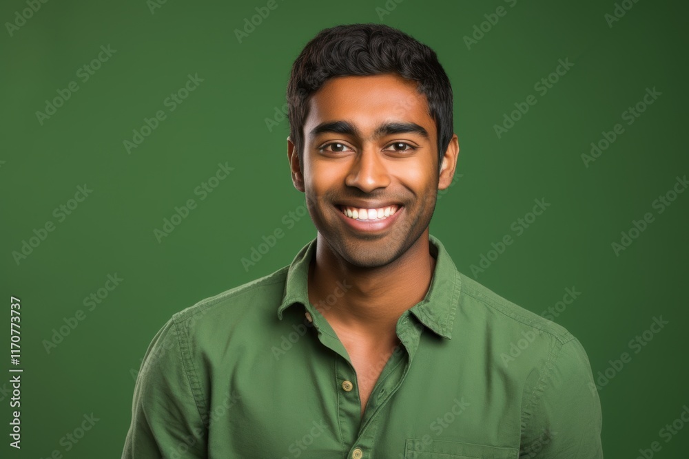A man with a green shirt is smiling A man with a green shirt is smiling