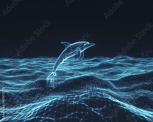 Digital rendering of a dolphin leaping over a wireframe ocean.  Futuristic, abstract, and aquatic themes. photo