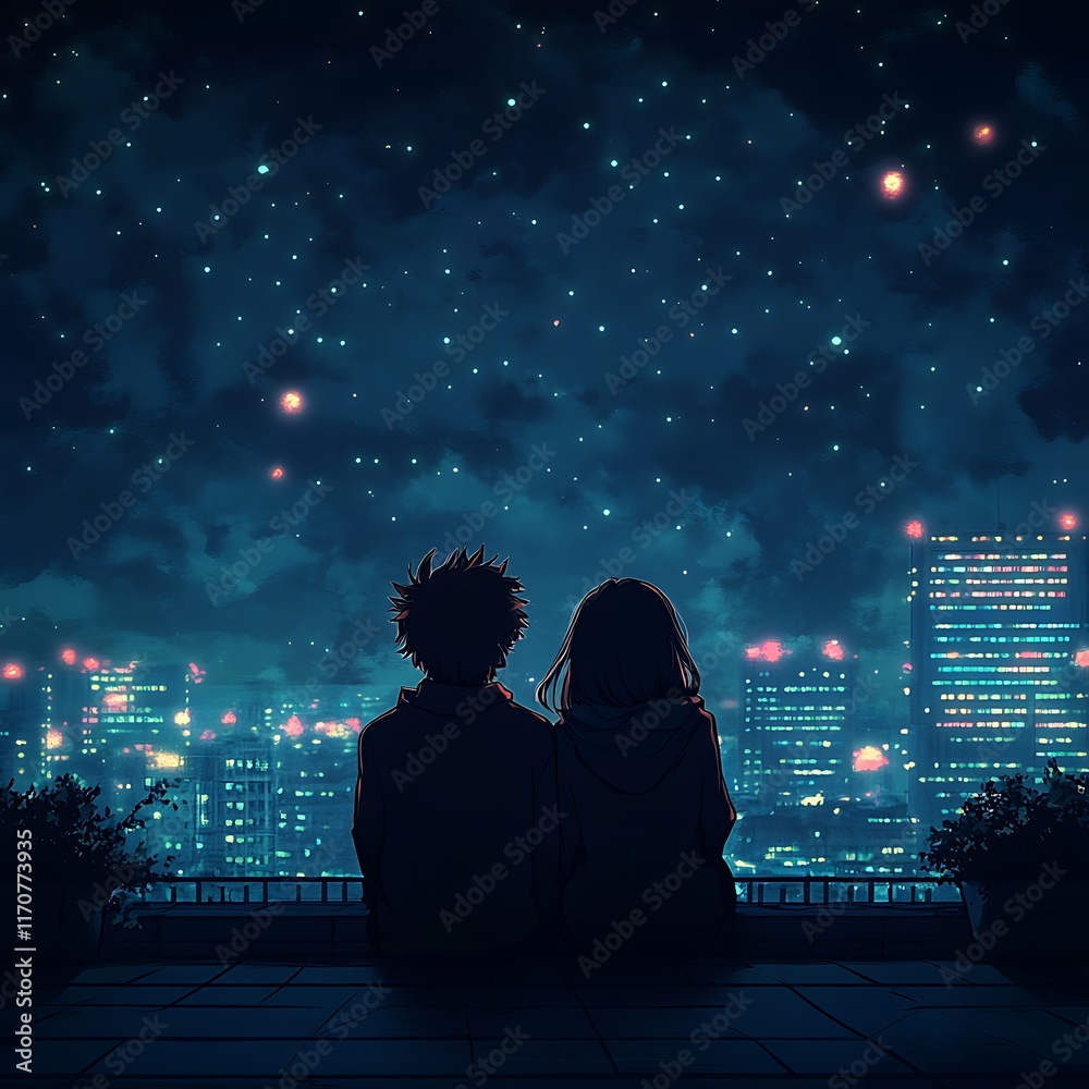 Fototapeta premium anime couple sitting on rooftop gazing at city lights