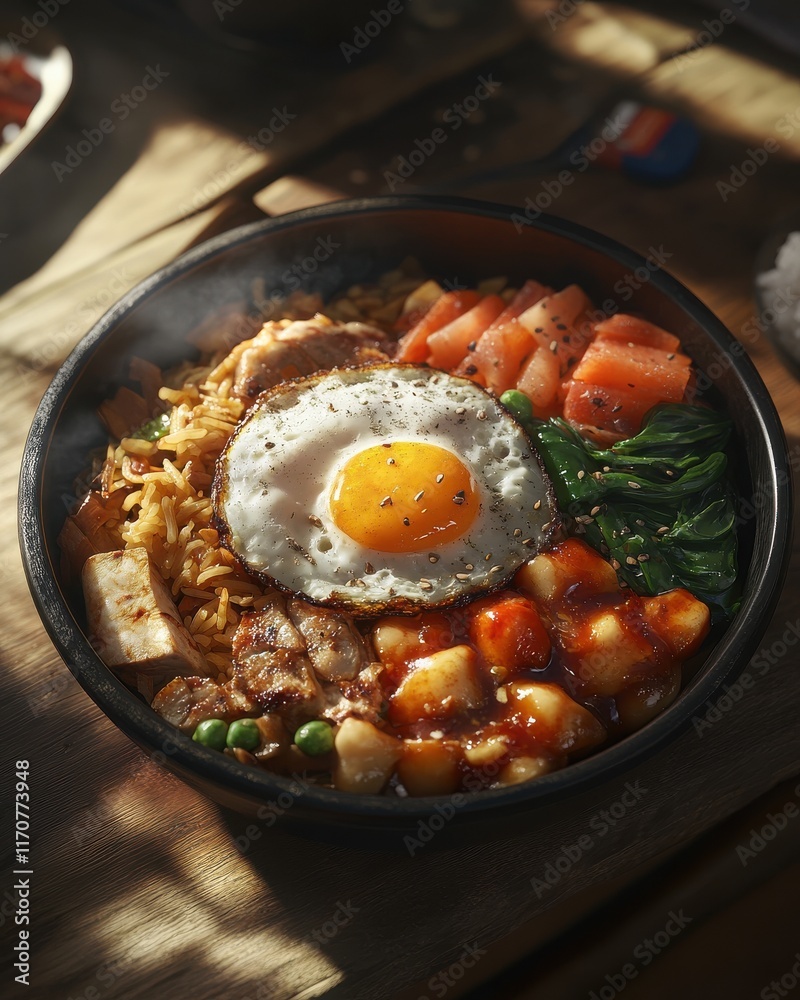 A delicious bowl of colorful rice topped with a sunny-side-up egg, showcasing vibrant veggies and meat. A delicious bowl of colorful rice topped with a sunny-side-up egg, showcasing vibrant veggies and meat.