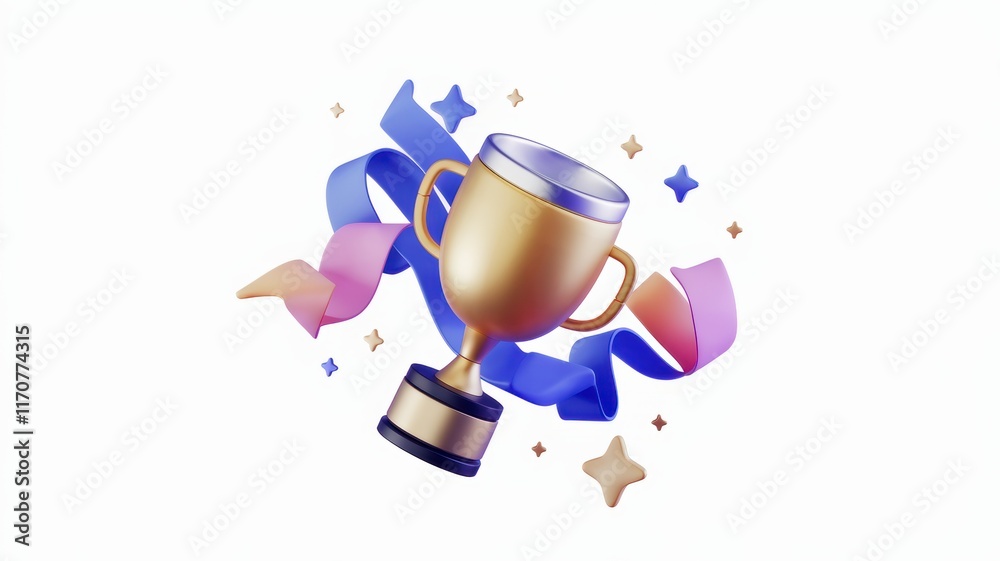A 3D rendered golden trophy with blue and pink ribbons, sparkles, signifying achievement, success, victory, and celebration A 3D rendered golden trophy with blue and pink ribbons, sparkles, signifying achievement, success, victory, and celebration