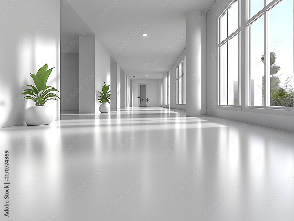 Obraz premium Bright, minimalist hallway with plants and large windows.