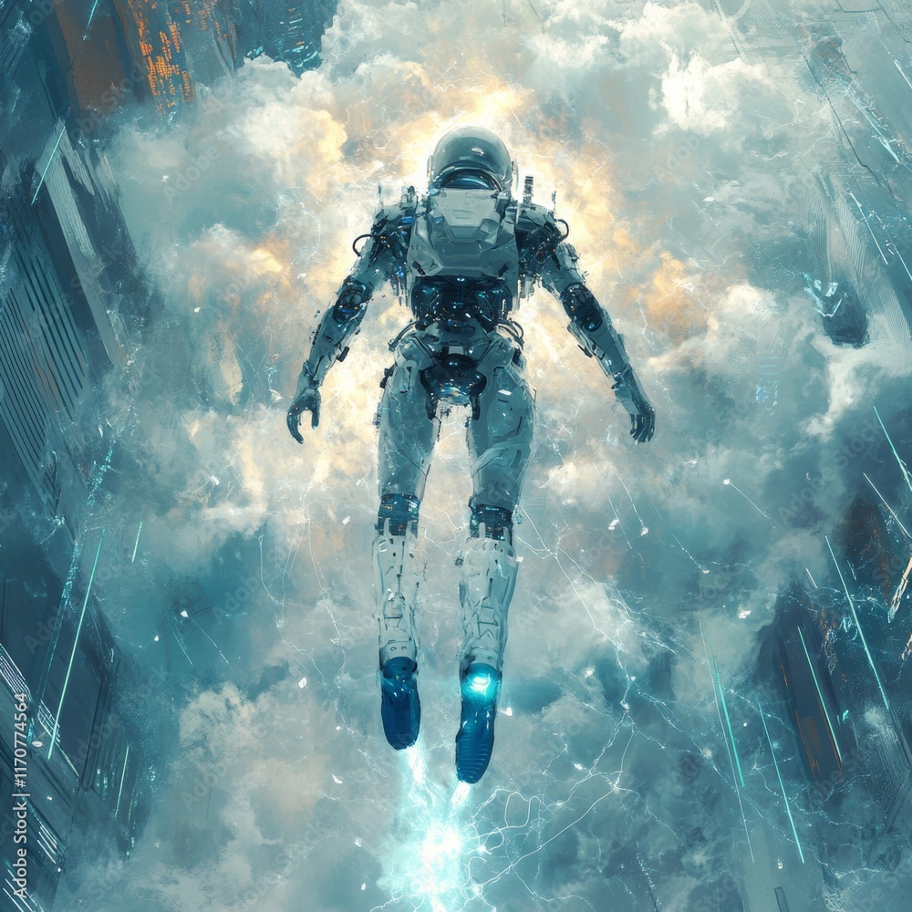 Fototapeta premium A high-tech cyborg astronaut flying through clouds