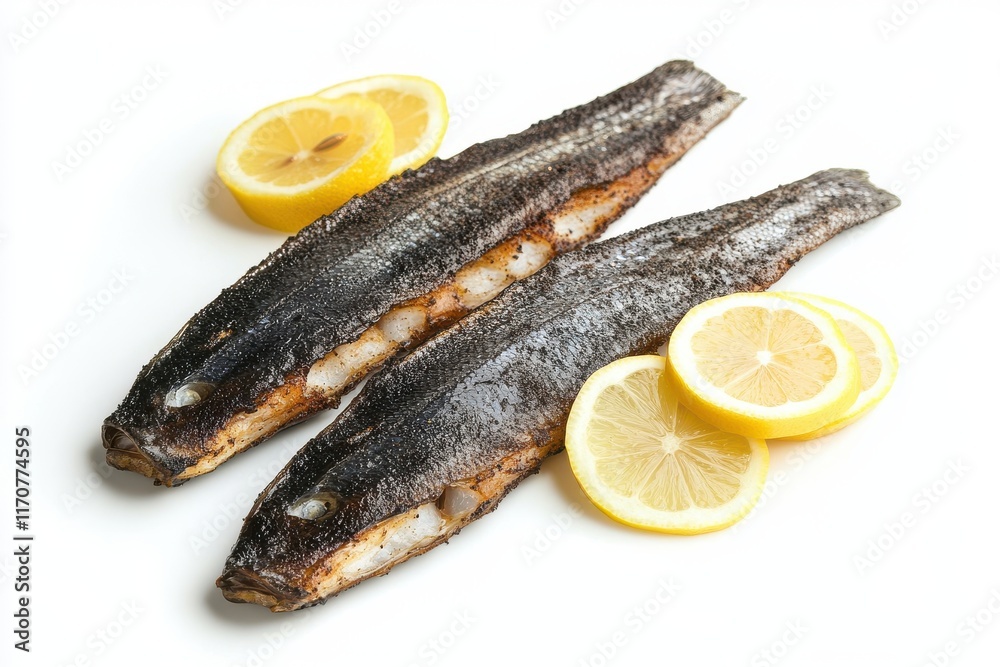 Freshly grilled fish fillets served with lemon slices, showcasing a delicious seafood dish. Freshly grilled fish fillets served with lemon slices, showcasing a delicious seafood dish.