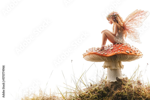 A fairy sits gracefully on a large, colorful mushroom, showcasing delicate wings and a whimsical pose.