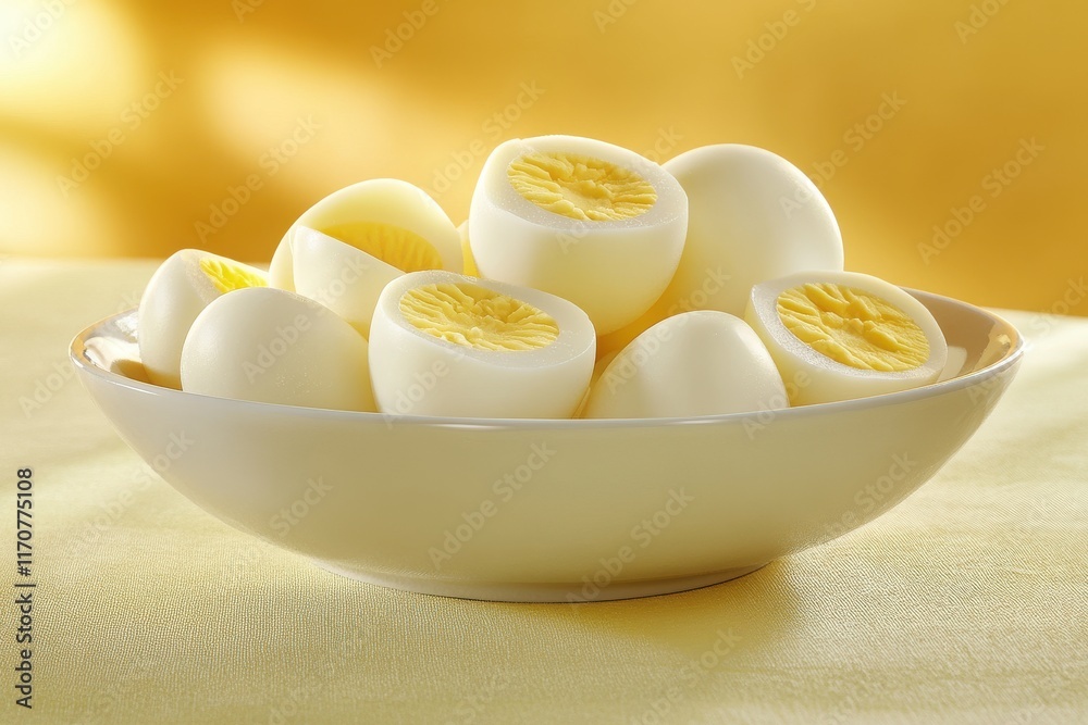 A close-up of freshly prepared halved boiled eggs in a white bowl on a soft yellow background. A close-up of freshly prepared halved boiled eggs in a white bowl on a soft yellow background.