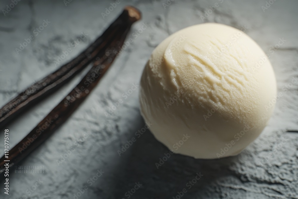 A creamy vanilla ice cream scoop beside vanilla bean pods on a textured gray surface. A creamy vanilla ice cream scoop beside vanilla bean pods on a textured gray surface.