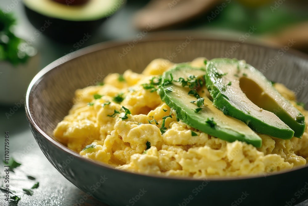 Delicious scrambled eggs topped with fresh avocado slices, garnished with parsley. Delicious scrambled eggs topped with fresh avocado slices, garnished with parsley.