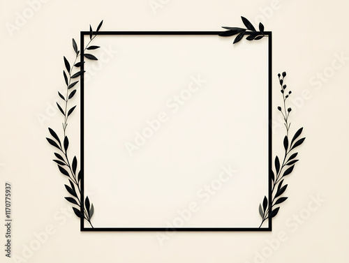 Elegant black floral frame on a beige background. Perfect for invitations, announcements, or adding a touch of minimalist style to your projects.