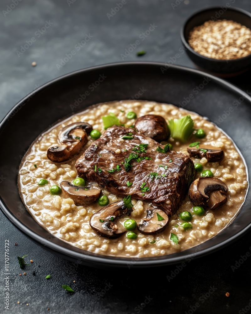Delicious beef stew with mushrooms and peas served on a dark, moody background. Delicious beef stew with mushrooms and peas served on a dark, moody background.