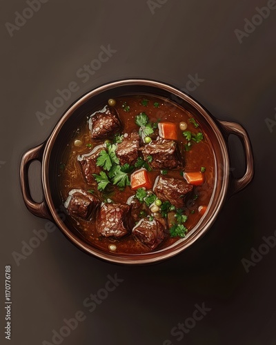 Delicious beef stew garnished with fresh cilantro and vibrant vegetables in a rustic bowl. photo