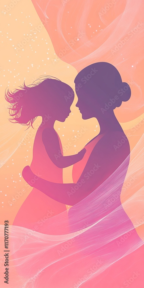 Silhouette of a Mother Embracing Her Child Against a Colorful Background Silhouette of a Mother Embracing Her Child Against a Colorful Background