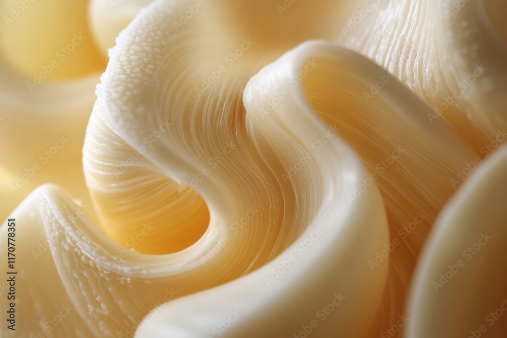 Abstract close-up of creamy, yellow butter curls creating a smooth, flowing texture. Abstract close-up of creamy, yellow butter curls creating a smooth, flowing texture.