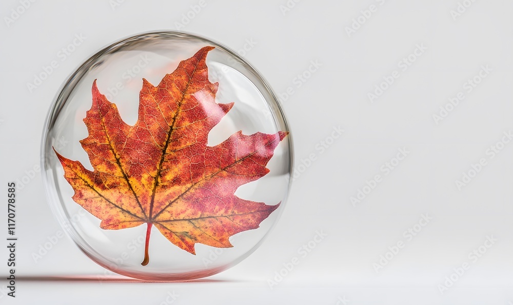 Single autumn maple leaf inside a clear glass sphere on white background. Single autumn maple leaf inside a clear glass sphere on white background.