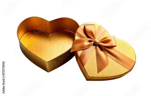Golden, heart-shaped gift box with a golden bow, opened and placed on a transparent background; PNG