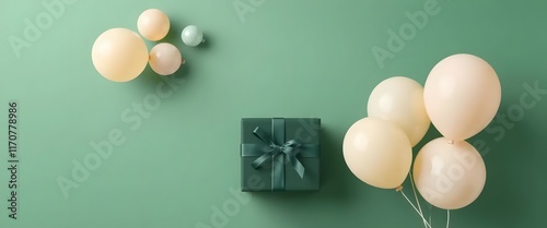Valentine's day background banner with dark green gift box and ivory balloons, , romantic, natural and bold theme.
