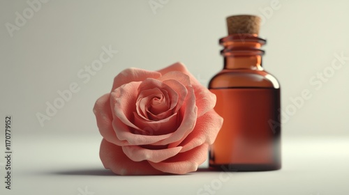 Pink rose and amber glass bottle of essential oil. photo