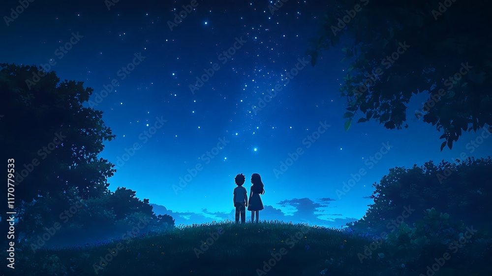 anime couple standing on hill looking at stars with blue sky anime couple standing on hill looking at stars with blue sky