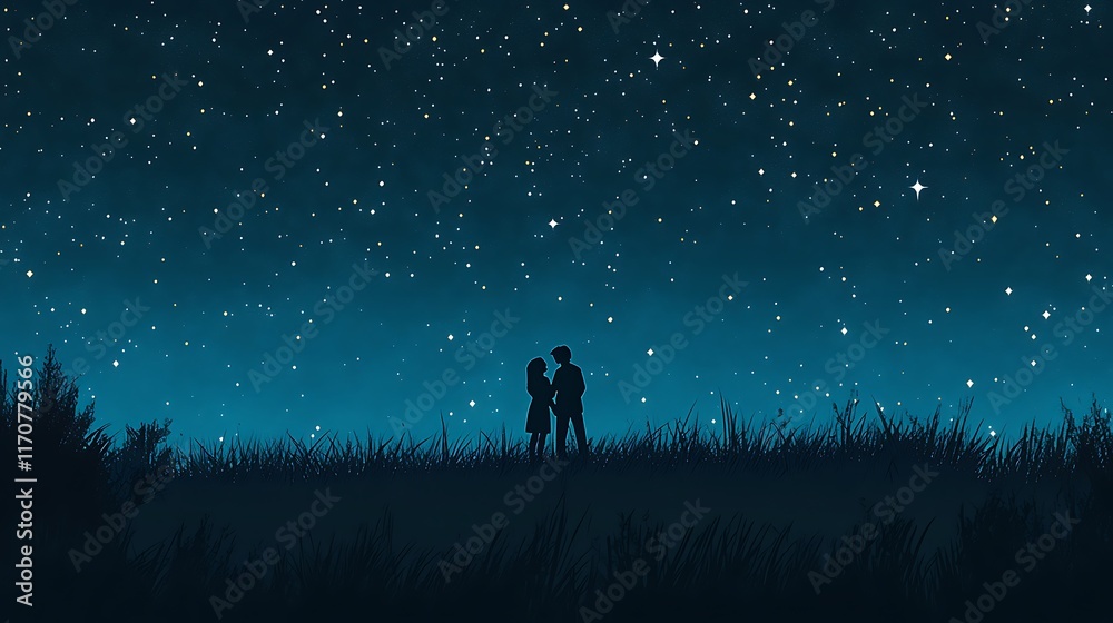 anime couple standing on hill looking at stars with blue sky anime couple standing on hill looking at stars with blue sky