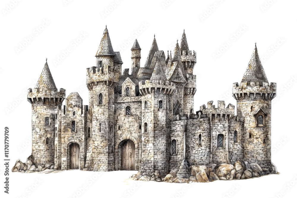 A majestic stone castle with multiple towers, intricate architecture, and a rugged appearance, showcasing classic medieval design elements. A majestic stone castle with multiple towers, intricate architecture, and a rugged appearance, showcasing classic medieval design elements.
