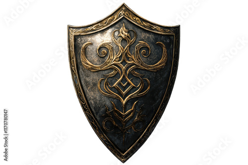 Ornately designed shield featuring intricate patterns and an antique metallic finish. photo