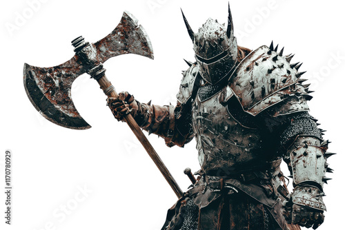 A heavily armored warrior wielding a large, spiked axe, displaying a fierce demeanor and battle-worn gear.