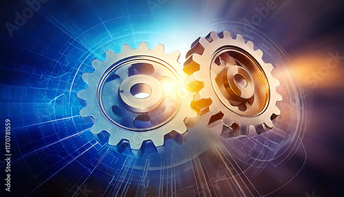 Dynamic image of two metallic gears interlocked against a futuristic, abstract background.  Perfect for illustrating concepts of teamwork, technology, engineering, or innovation.