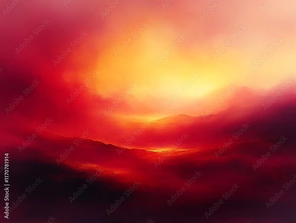 Fototapeta premium Fiery sunset over hazy mountains.