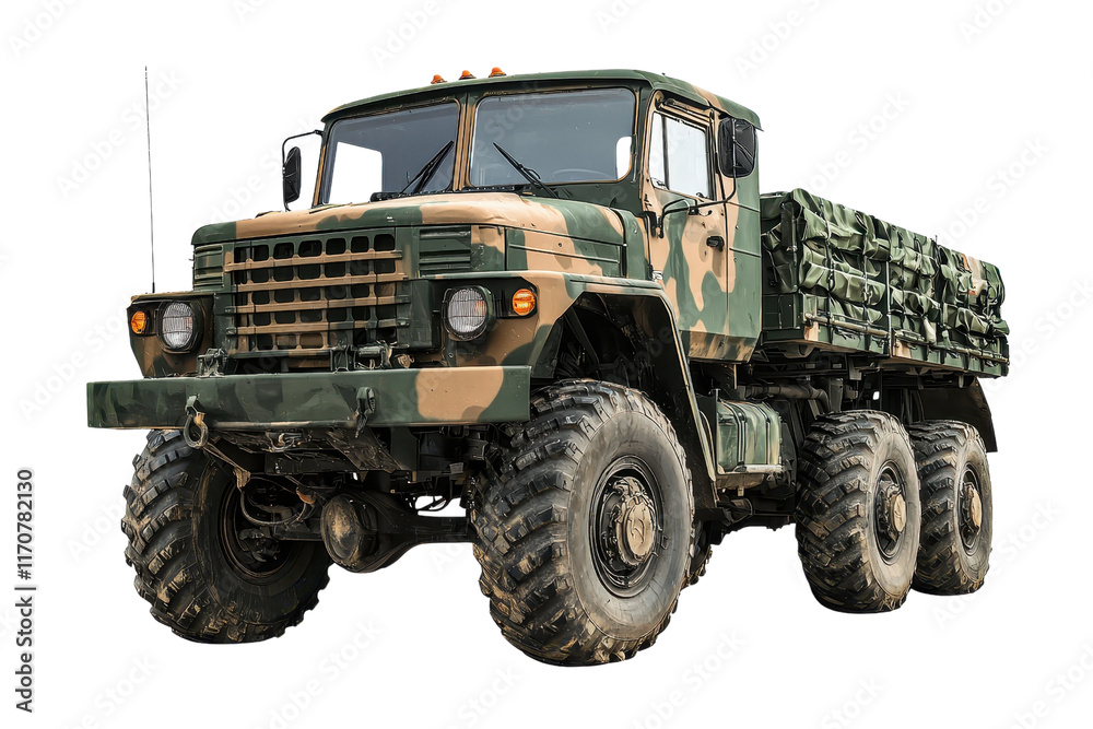 A military truck featuring a camouflaged design and large, rugged tires, suitable for off-road terrain and transporting cargo. A military truck featuring a camouflaged design and large, rugged tires, suitable for off-road terrain and transporting cargo.