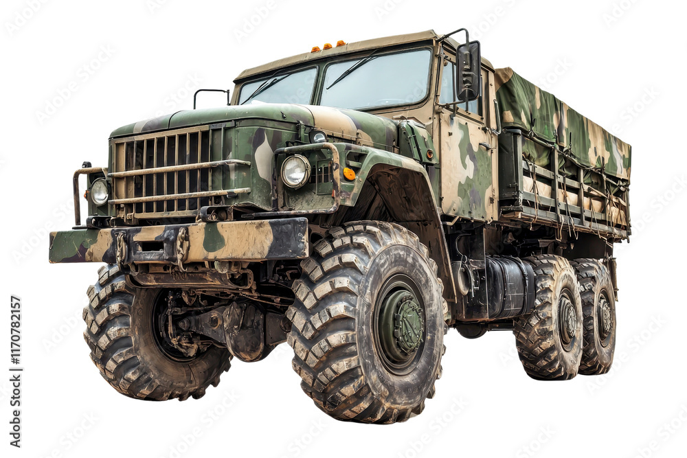 A rugged military truck featuring a camouflage design and large, heavy-duty tires, built for off-road performance and durability. A rugged military truck featuring a camouflage design and large, heavy-duty tires, built for off-road performance and durability.