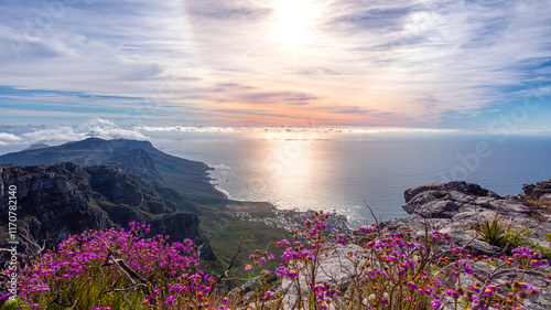 Beautiful view over the mountains and atlantic at sunset from Table Mountain in Cape Town in South Africa