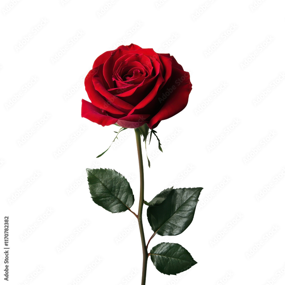 A single red rose with lush green leaves stands elegantly. A single red rose with lush green leaves stands elegantly.