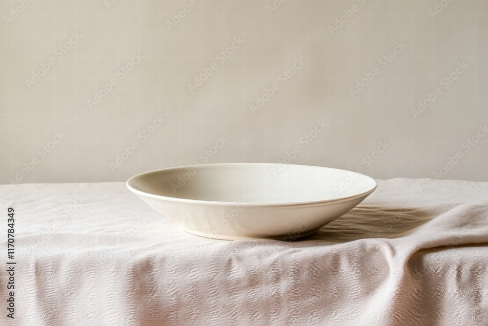 Empty White Ceramic Bowl on Beige Linen Tablecloth - Minimalist Still Life Photography