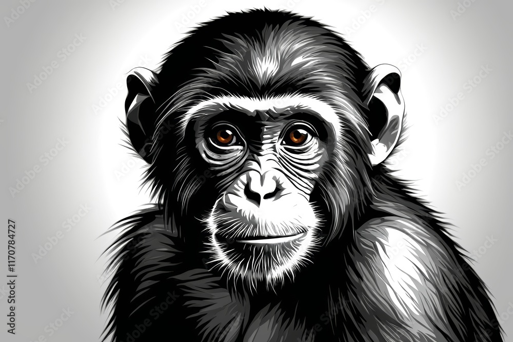 a black and white photo of a chimpan sitting on a table a black and white photo of a chimpan sitting on a table