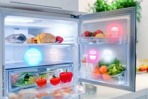 Modern refrigerator with illuminated compartments and organized food items for daily meals photo