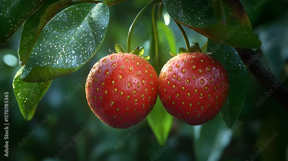 Obraz premium Two ripe strawberries hang on a plant