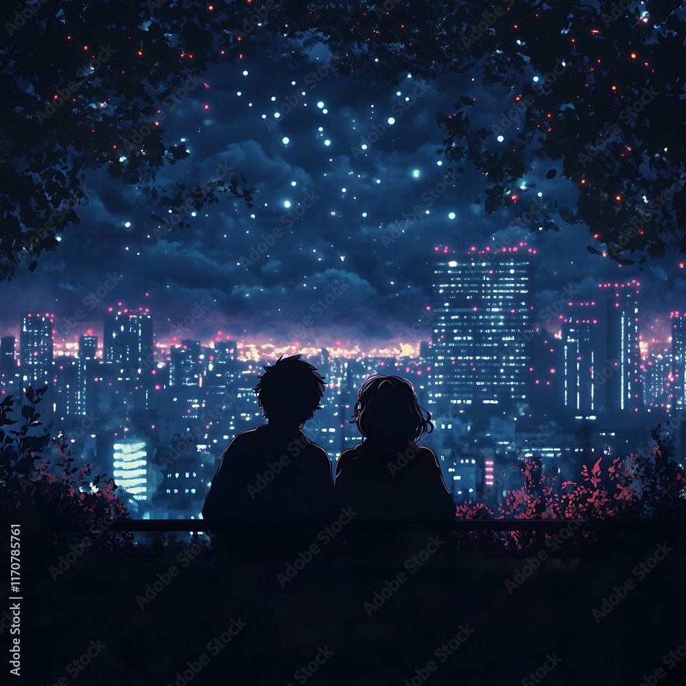 Fototapeta premium anime love couple gazing at city from rooftop