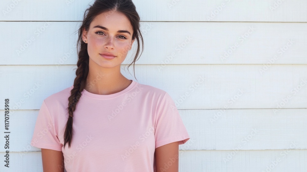 266. Casual woman standing against white background, wearing a pink T-shirt and jeans, smiling confidently with hands in pockets
266. Casual woman standing against white background, wearing a pink T-shirt and jeans, smiling confidently with hands in pockets