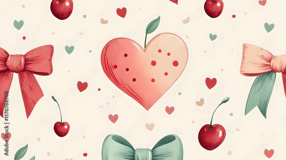Charming Heart Cherries Bows Pattern Design Charming Heart Cherries Bows Pattern Design