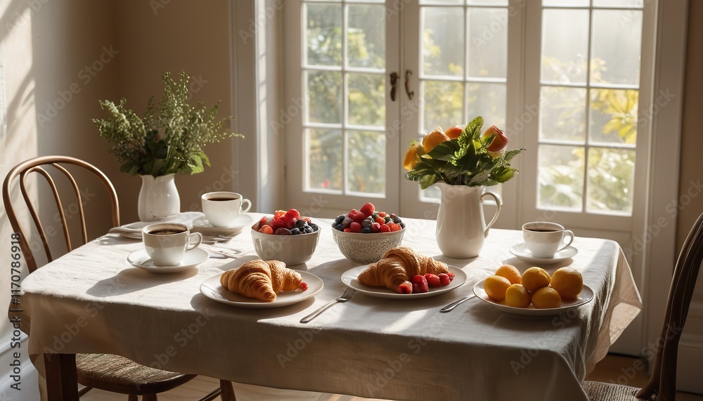 Sunlit breakfast table scene with croissants, berries, lemons, coffee, and flowers. Sunlit breakfast table scene with croissants, berries, lemons, coffee, and flowers.