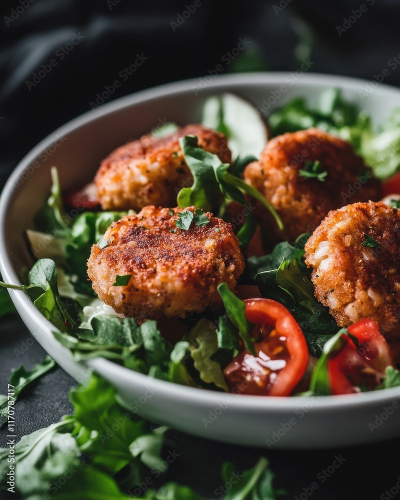 Delicious fried rice cakes served on a bed of fresh greens and tomatoes. Delicious fried rice cakes served on a bed of fresh greens and tomatoes.