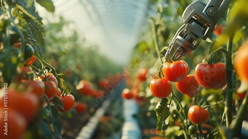 in a tomato field a robotic arm is picking tomatoes