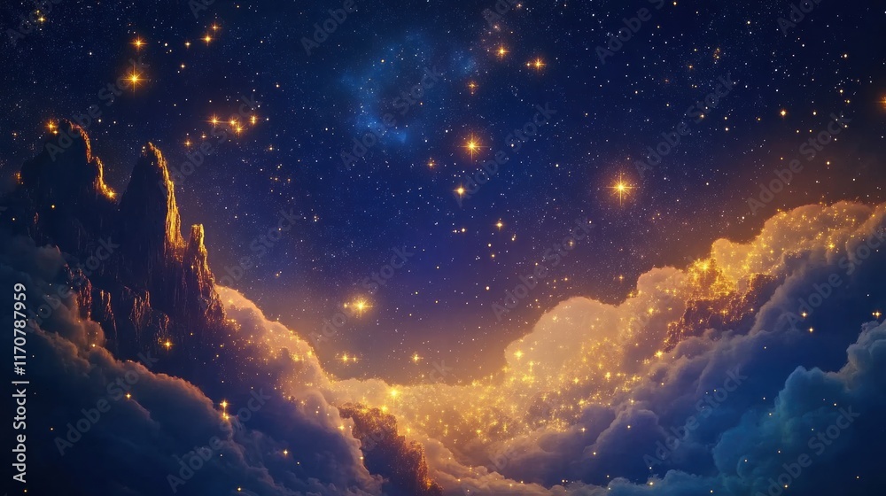 Fototapeta premium Magical Golden Celestial Landscape Starry Night Sky over Luminous Clouds and Mountain Peaks