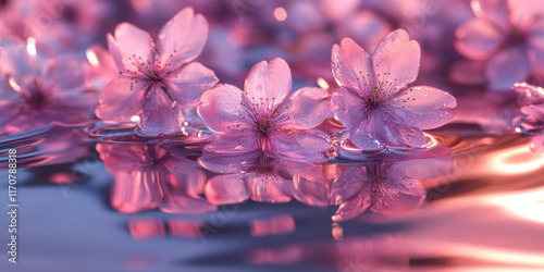 Delicate pink flowers floating on serene water surface photo