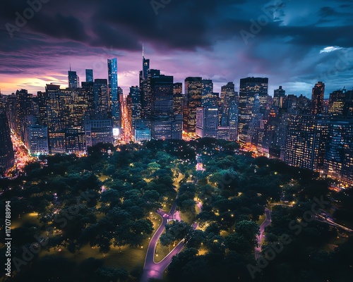 Surreal cityscape of New York City at night, featuring Central Park and a fisheye lens effect.  Stunning urban landscape with vibrant lights and reflections. photo