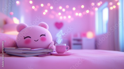 Cozy Valentine's Day atmosphere with a cute plush toy and steaming drink in a softly lit room